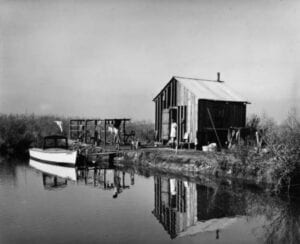 Flaherty_Production_Shots trapper shack on bayou belle isle camp 1948